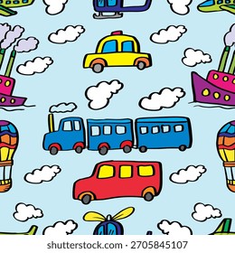 Nahtloses Muster mit Cartoon-Transport auf hellblauem Hintergrund. Vektorgrafik.