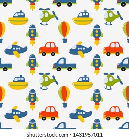 seamless pattern cartoon transport toys. cars, boat, helicopter, rocket, balloon and plane. kawaii style isolated on white background. illustration vector.  