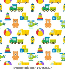 seamless pattern cartoon transport toys. cars, helicopter, rocket, balloon and plane. kawaii style isolated on white background. illustration vector.  