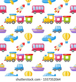 seamless pattern cartoon transport toys. cars, boat, helicopter, rocket, balloon and plane. kawaii style isolated on white background. illustration vector.  