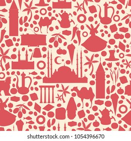Seamless pattern, cartoon travel vector illustration, landmark Galata tower, Mount Nemrut, Selimiye mosque, Gok Medrese, turkish symbols Trojan horse, dervish, tulip, teapot, fish, Istanbul tram, food