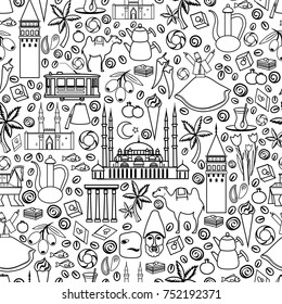 Seamless pattern, cartoon travel vector illustration, landmark Galata tower, Mount Nemrut, Selimiye mosque, Gok Medrese, turkish symbols Trojan horse, dervish, tulip, dorado fish, Istanbul tram, food