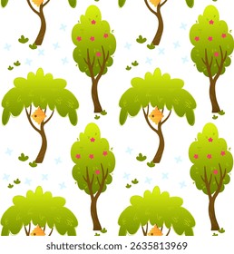 Seamless pattern with cartoon trees, beehive, grass and blue flowers. Cute spring-summer design for kids, baby textiles, wrapping paper, and eco-themed backgrounds. Vector illustration