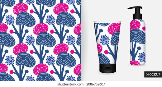 Seamless pattern with cartoon trees. Colorful cute botanical background. Vector illustration in hand drawn style. Modern repeating texture. Design cover, paper, wallpaper, fabric. Mockup.