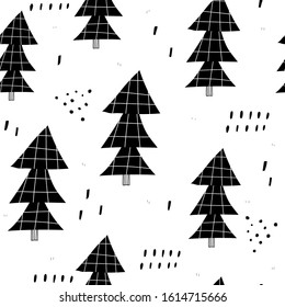 Seamless pattern with cartoon trees, decor elements. Flat style vector illustration for kids. hand drawing. baby design for fabric, textile, print, wrapper.