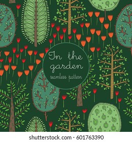 Seamless pattern of cartoon trees. 
For the design of textiles and postcards