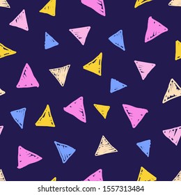 Seamless pattern with cartoon triangles on a neutral background. flat vector. hand drawing. Design for gift wrapping, print, greeting card, baby decoration.