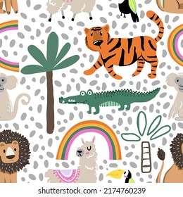 Seamless pattern with cartoon tropical animals - vector illustration, eps. Background for textile, fabric, stationary, clothes, kids, children and other design.
