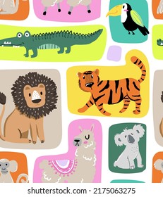 Seamless pattern with cartoon tropical animals - vector illustration, eps. Background for textile, fabric, stationary, clothes, kids, children and other design.