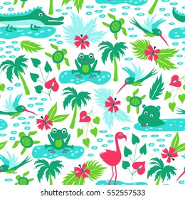 Seamless pattern with cartoon tropical animals and plants. Baby kid tropical jungle design background with frog, flamingo, turtle, crocodile, hummingbirds. Vector background perfect for fabric textile