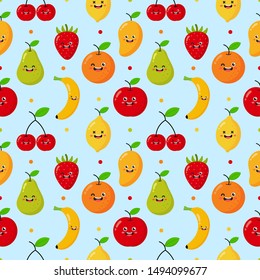 seamless pattern cartoon tropical fruit characters kawaii style. isolated on blue background. vector illustration.