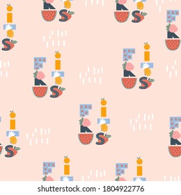 Seamless pattern with cartoon tropical fruits. Pastel childish print. Vector hand drawn illustration.