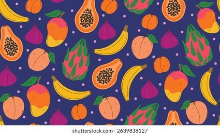 Seamless pattern with cartoon tropical fruits like banana, papaya, dragon fruit, fig, peach, mango, and apricot. Bright juicy design in flat style with messy layout and cheerful summer vibe.