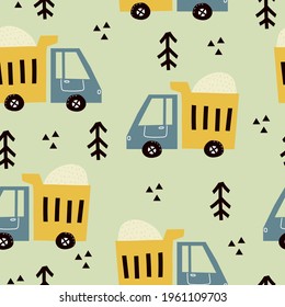seamless pattern with cartoon truck, decor elements. Colorful vector flat style for kids. hand drawing. baby design for fabric, print, wrapper, textile