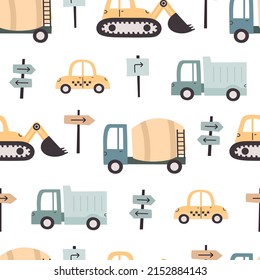 seamless pattern with cartoon Truck, taxi, bulldozer, decor elements. Colorful vector flat style for kids. hand drawing. baby design for fabric, print, wrapper, textile