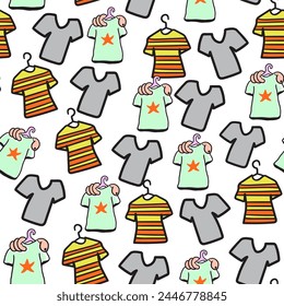 seamless pattern with cartoon t-shirts in doodle style in vector. template for background, wallpaper, wrapping, fabric, print