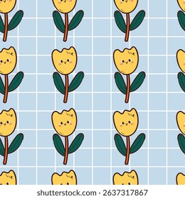 seamless pattern cartoon tulip flower character. cute botanical wallpaper and pattern for gift wrap paper