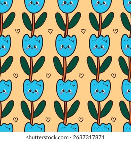 seamless pattern cartoon tulip flower character. cute botanical wallpaper and pattern for gift wrap paper