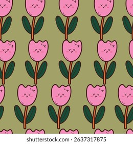 seamless pattern cartoon tulip flower character. cute botanical wallpaper and pattern for gift wrap paper