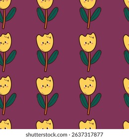 seamless pattern cartoon tulip flower character. cute botanical wallpaper and pattern for gift wrap paper