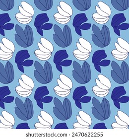 Seamless pattern with cartoon tulips with outline and fill in blue, cyan and white colors. Delicate background with beautiful tulip buds. Elegant handmade texture for decoration and print.