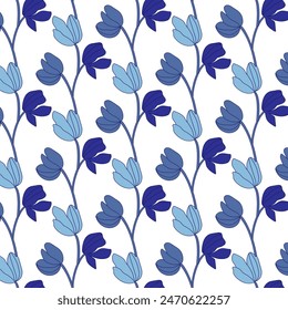 Seamless pattern with cartoon tulips with outline and fill in blue, cyan and white colors. Delicate background with beautiful tulip buds. Elegant handmade texture for decoration and print.