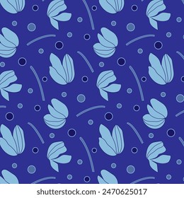 Seamless pattern with cartoon tulips with outline and fill in blue and cyan colors. Delicate background with beautiful tulip buds. Elegant handmade texture for decoration and print.