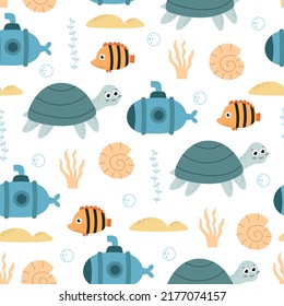 seamless pattern with cartoon turtle, fish, submarines, decor elements. Colorful vector flat style for kids. hand drawing. baby design for fabric, print, wrapper, textile 