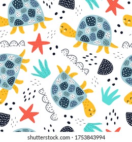 Seamless pattern with cartoon turtles, decor elements. animal theme. vector illustration. colorful flat style. hand drawing. design for fabric, print, wrapper