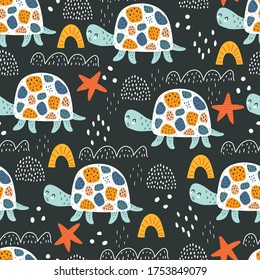 Seamless pattern with cartoon turtles, decor elements on a neutral background. animal theme. vector illustration. colorful flat style. hand drawing. design for fabric, print, wrapper
