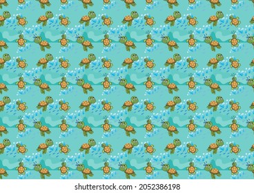 Seamless pattern with cartoon turtles in the sea. Turtle or tortoise Cute and funny. Turquoise green  background. sea animals. wallpaper, textile or wrapping paper flat style vector illustration.