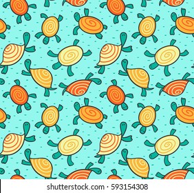 Seamless  pattern with cartoon turtles. Vector hand drawn child design for fabric or wrap paper.