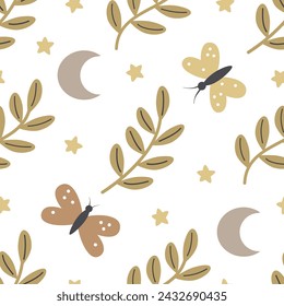 Seamless pattern with cartoon twigs, butterfly, decor elements. colorful vector. hand drawing. ornament, flat style. design for fabric, print, textile, wrapper
