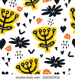 Seamless pattern with cartoon twigs, flowers, decor elements on. flat style, colorful festive vector, valentines day. Romantic design for print, wrapper, fabric.