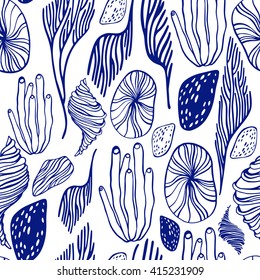 Seamless pattern with cartoon underwater plants and creatures.