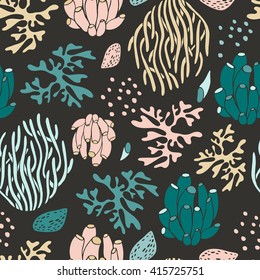 Seamless pattern with cartoon underwater plants and creatures. Vector.