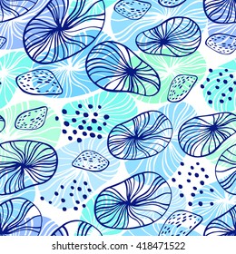 Seamless pattern with cartoon underwater plants and creatures.