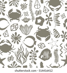 Seamless pattern with cartoon underwater plants and creatures.