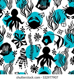 Seamless pattern with cartoon underwater plants and creatures. Can be used for invitations, greeting cards, print, gift wrap. Sea food theme.