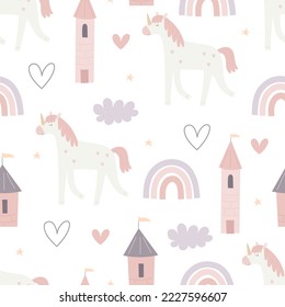 Seamless pattern with cartoon unicorn, castle, decorative elements. Flat style colorful vector illustration for kids. hand drawing. baby design for fabric, textile, print, wrapper.