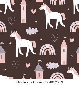 Seamless pattern with cartoon unicorn, castle, decorative elements. Flat style colorful vector illustration for kids. hand drawing. baby design for fabric, textile, print, wrapper.