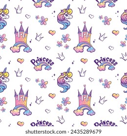 Seamless pattern with cartoon unicorn, castle, hearts, clouds, rainbow, text Princess. Flat style colorful vector illustration for kids. hand drawing. baby design for fabric, textile, print, wrapper.