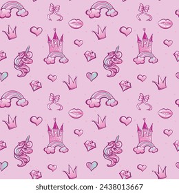 Nahtloses Muster mit Cartoon Einhorn, Schloss, Herzen, Wolken, Regenbogen, Lippen, Krone. Unicorn Baby Design für Stoff, Textil, Druck, Wickelpapier. Kinderausdruck