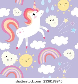 Seamless Pattern with Cartoon Unicorn on Pastel Violet Background