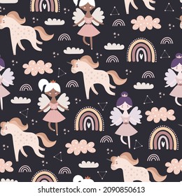 Seamless pattern with cartoon unicorn, princess, rainbow, decorative elements. Flat style colorful vector illustration for kids. hand drawing. baby design for fabric, textile, print, wrapper.