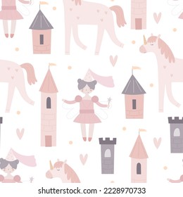 Seamless pattern with cartoon unicorn, princess, castle, decorative elements. Flat style colorful vector illustration for kids. hand drawing. baby design for fabric, textile, print, wrapper.