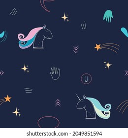 Seamless pattern with cartoon unicorn.black background.Vector illustration. 