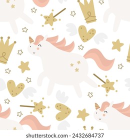 Nahtloses Muster mit Cartoon-Einhörnern, Krone, Dekorelement. Magie. Bunte Vektor-flache Stil für Kinder. Tiere. Handzeichnung. Babydesign für Stoff, Druck, Verpackung