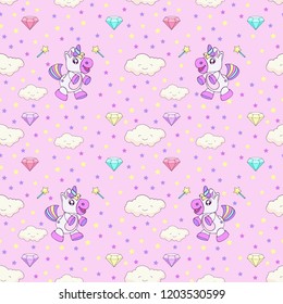 Seamless pattern with a cartoon unicorns and cute clouds. Baby background for kids clothes. Wallpaper or carpet for children room. Birthday decor. Cover paper with animals. Vector illustration.