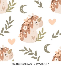 seamless pattern with cartoon unicorns. Magic. Colorful vector flat style for kids. Animals. hand drawing. baby design for fabric, print, wrapper	